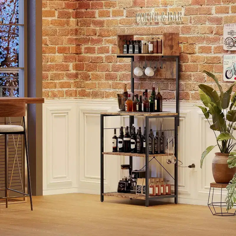 Scaffale da Panettiere su Ruote a 5 Ripiani da 150 cm con Presa di Corrente e Porte USB – Nero/Marrone, Montaggio per 1 Persona