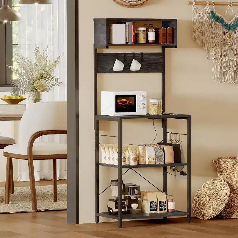 59 Kitchen Bakers Rack with Power Outlet & USB Ports, 5-Tier Rolling Storage Shelf with s-Hooks, Microwave Stand, Adjustable Shelves